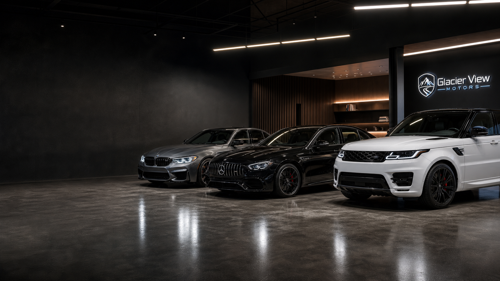 Glacier View Motors showroom — late-model luxury and performance vehicles